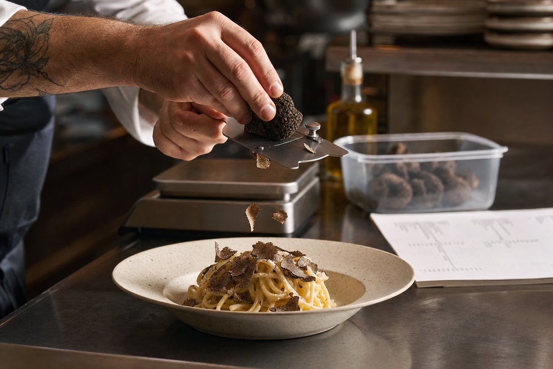 Restaurant Operator’s Guide to Choosing Truffle Products. Restaurant Operator’s Guide to Choosing Truffle Products. Chef shaving a fresh black truffle over pasta at a restaurant pa