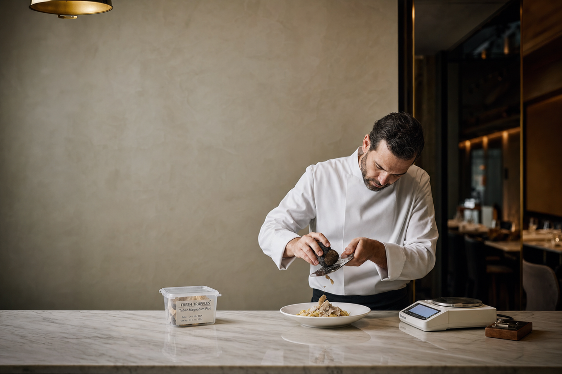 Truffle Portion Control, From Delivery Through Service. Truffle Portion Control, From Delivery Through Service. Chef shaving fresh truffle over a plated dish beside a digital scale